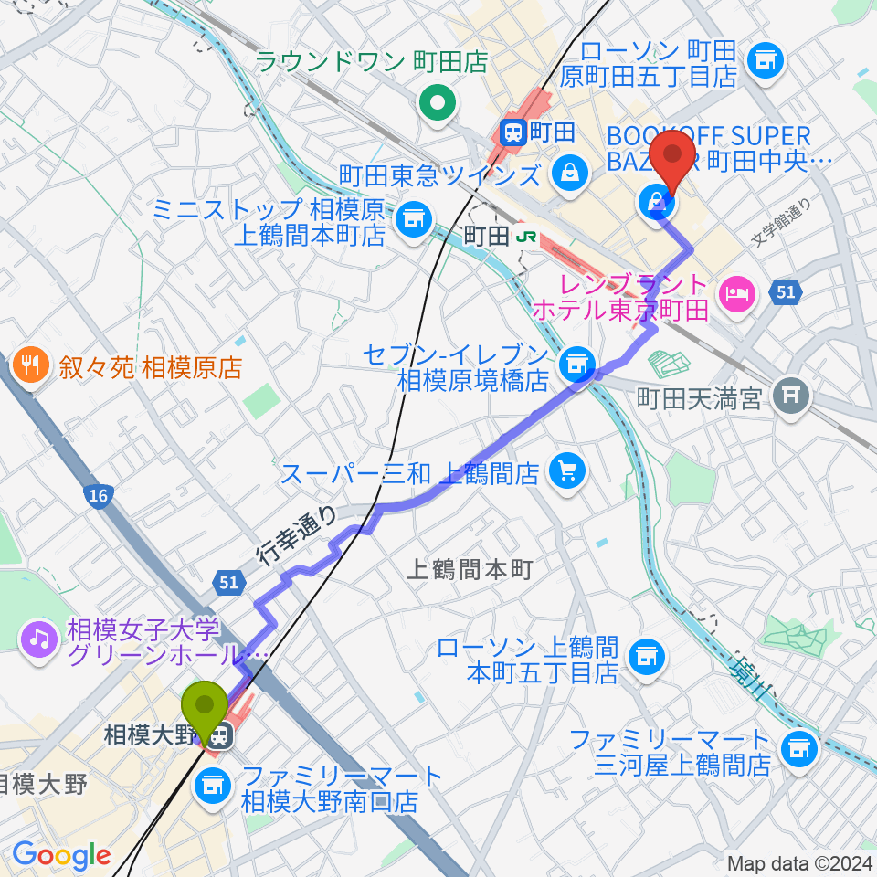 相模大野駅から音好堂へのルートマップ地図