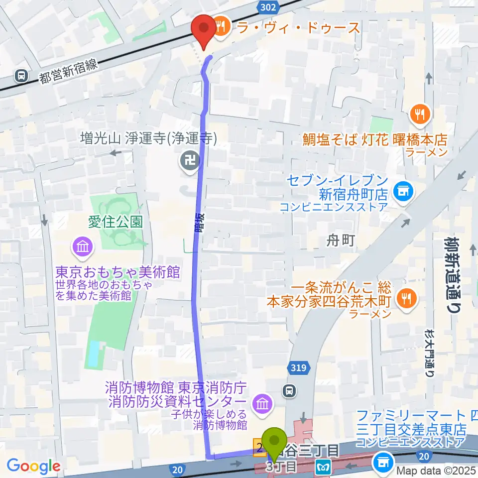 四谷三丁目駅からG'Seven Guitarsへのルートマップ地図