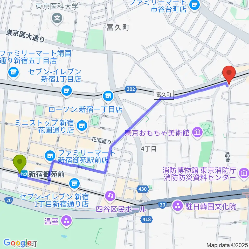 新宿御苑前駅からG'Seven Guitarsへのルートマップ地図