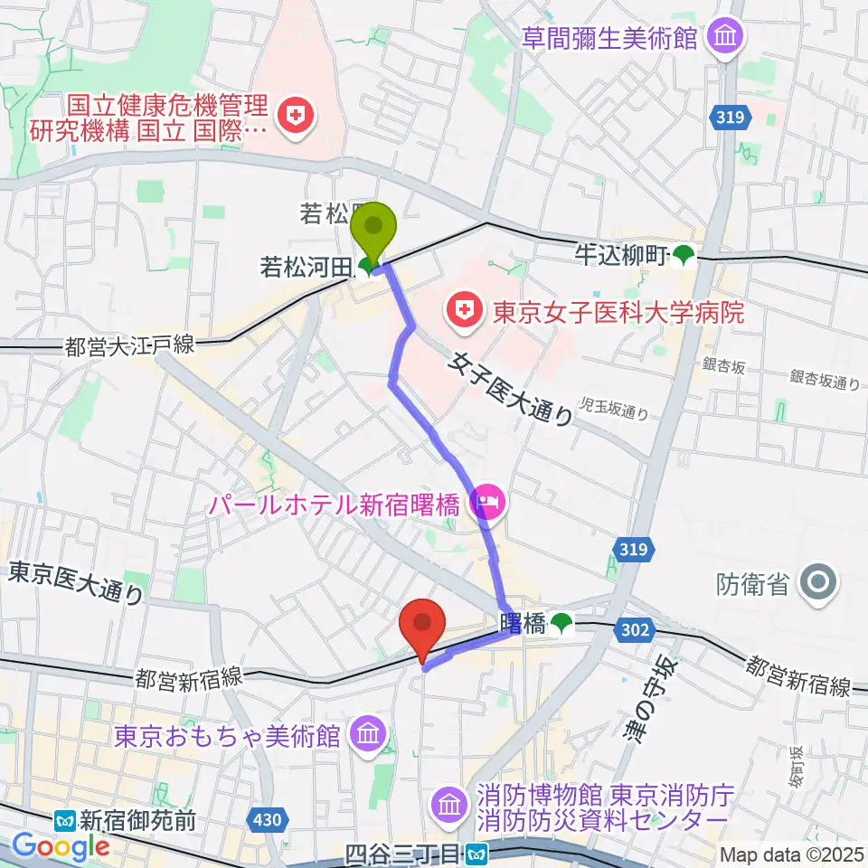 若松河田駅からG'Seven Guitarsへのルートマップ地図