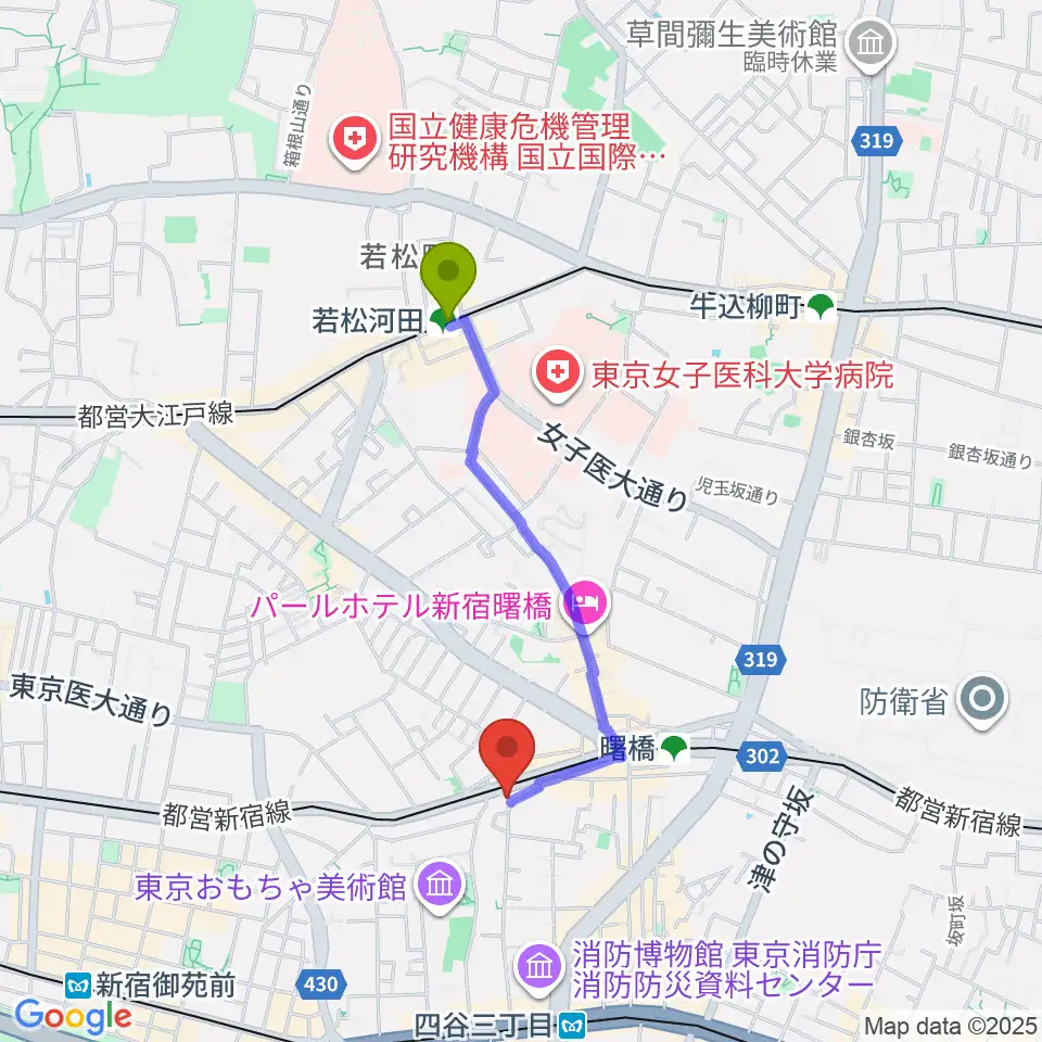若松河田駅からG'Seven Guitarsへのルートマップ地図