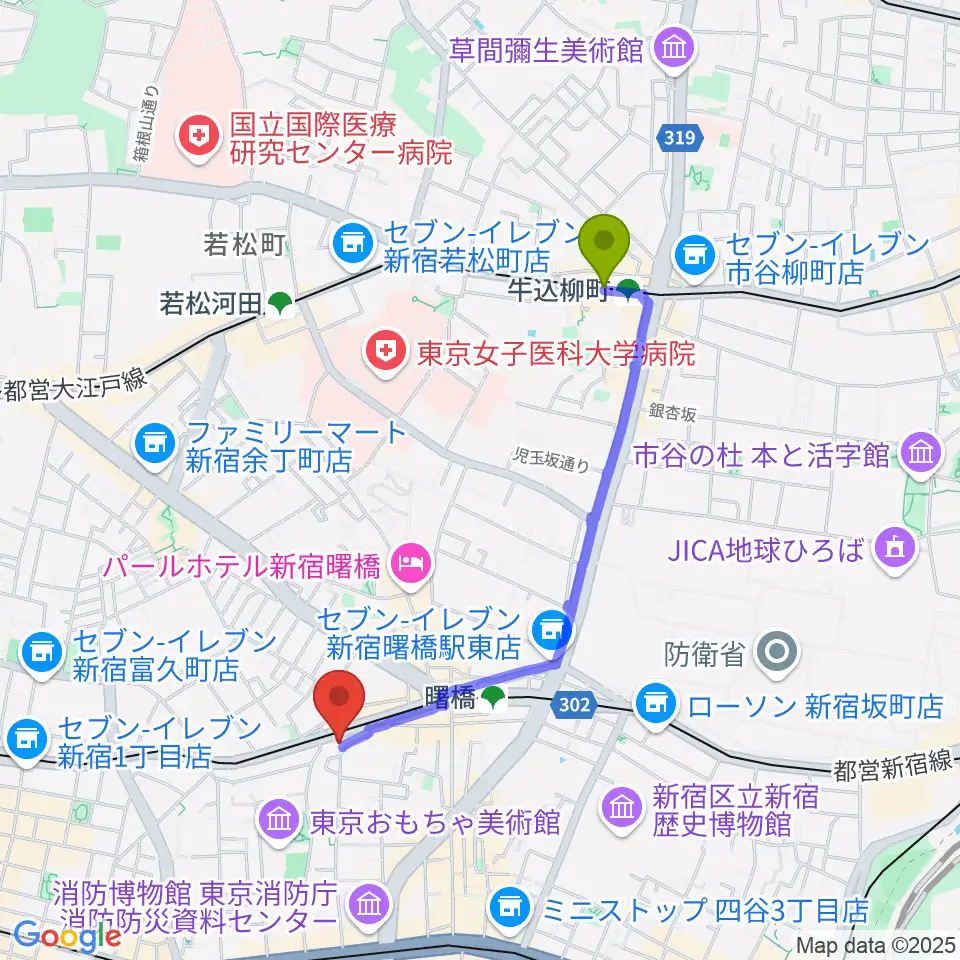 牛込柳町駅からG'Seven Guitarsへのルートマップ地図