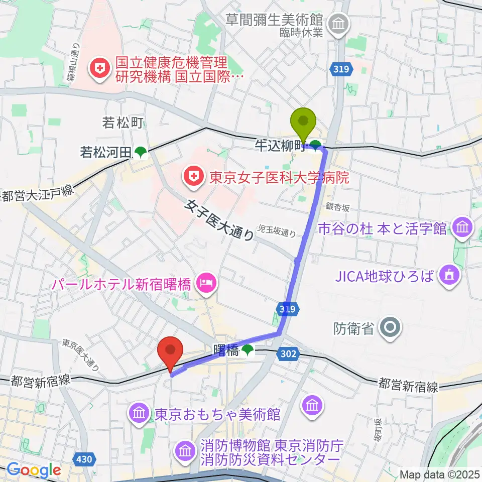 牛込柳町駅からG'Seven Guitarsへのルートマップ地図