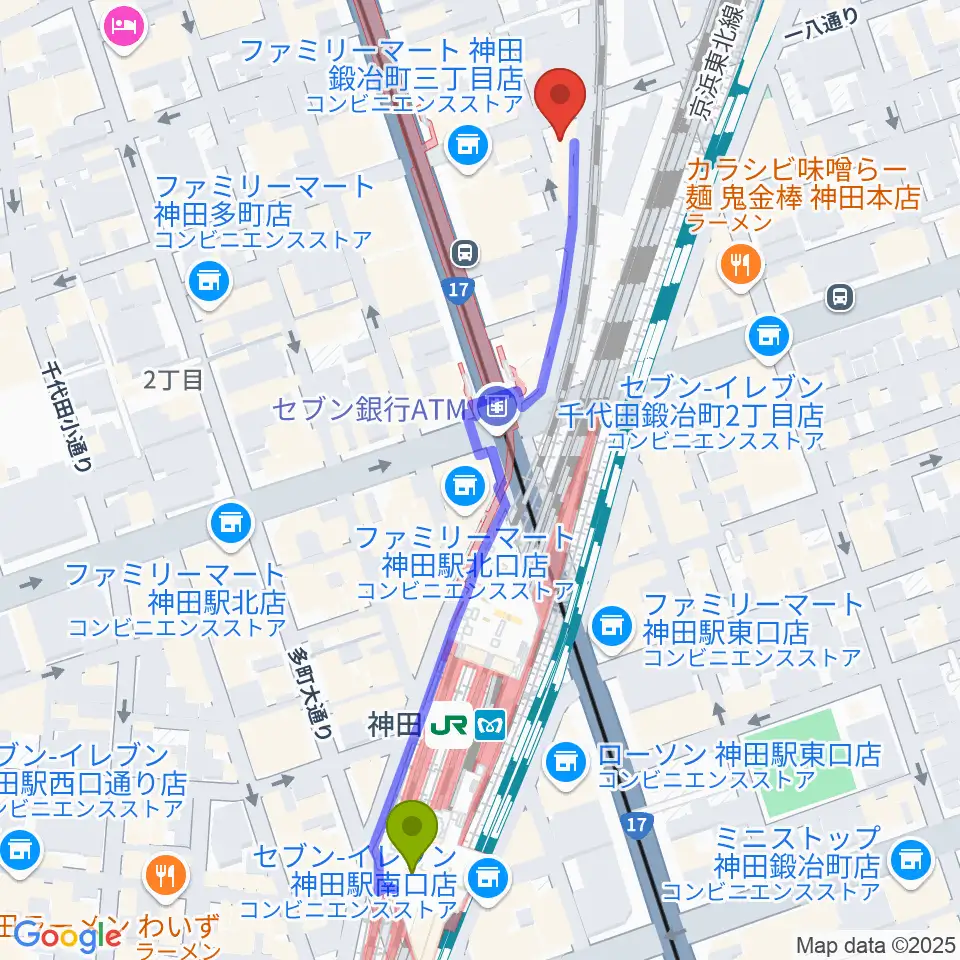 ストラト・クレイジーの最寄駅神田駅からの徒歩ルート（約6分）地図