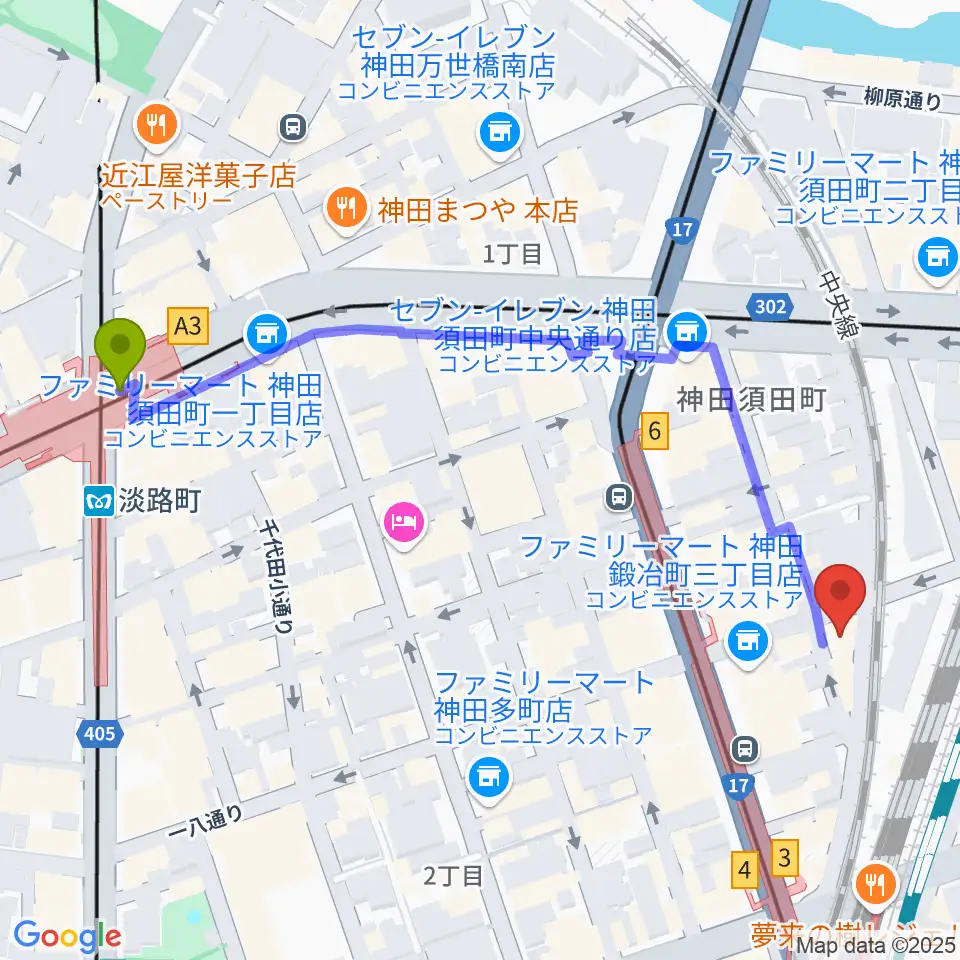 淡路町駅からストラト・クレイジーへのルートマップ地図