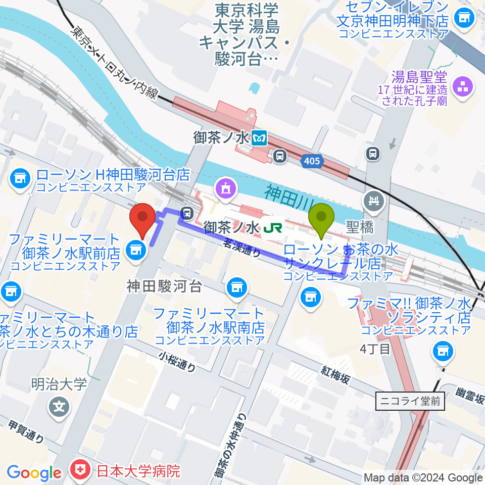 ギタープラネット エレキ本館の最寄駅御茶ノ水駅からの徒歩ルート（約3分）地図