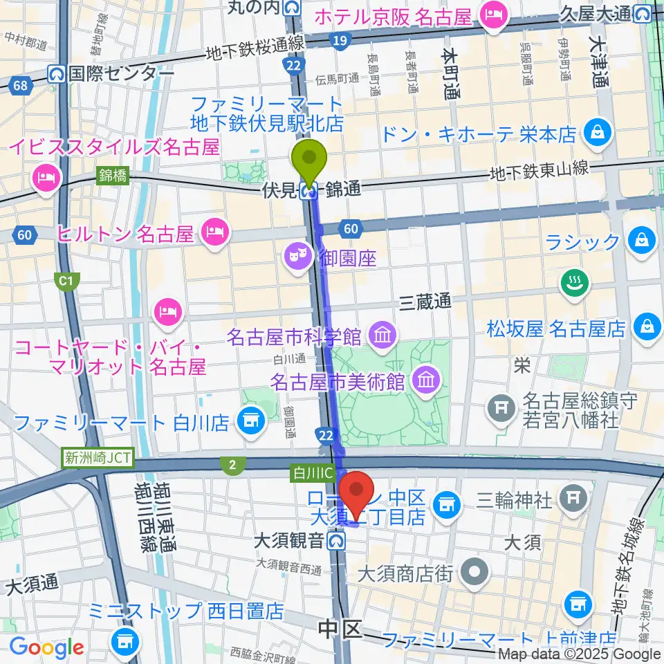 伏見駅からギター＆ベーステックGRACIASへのルートマップ地図