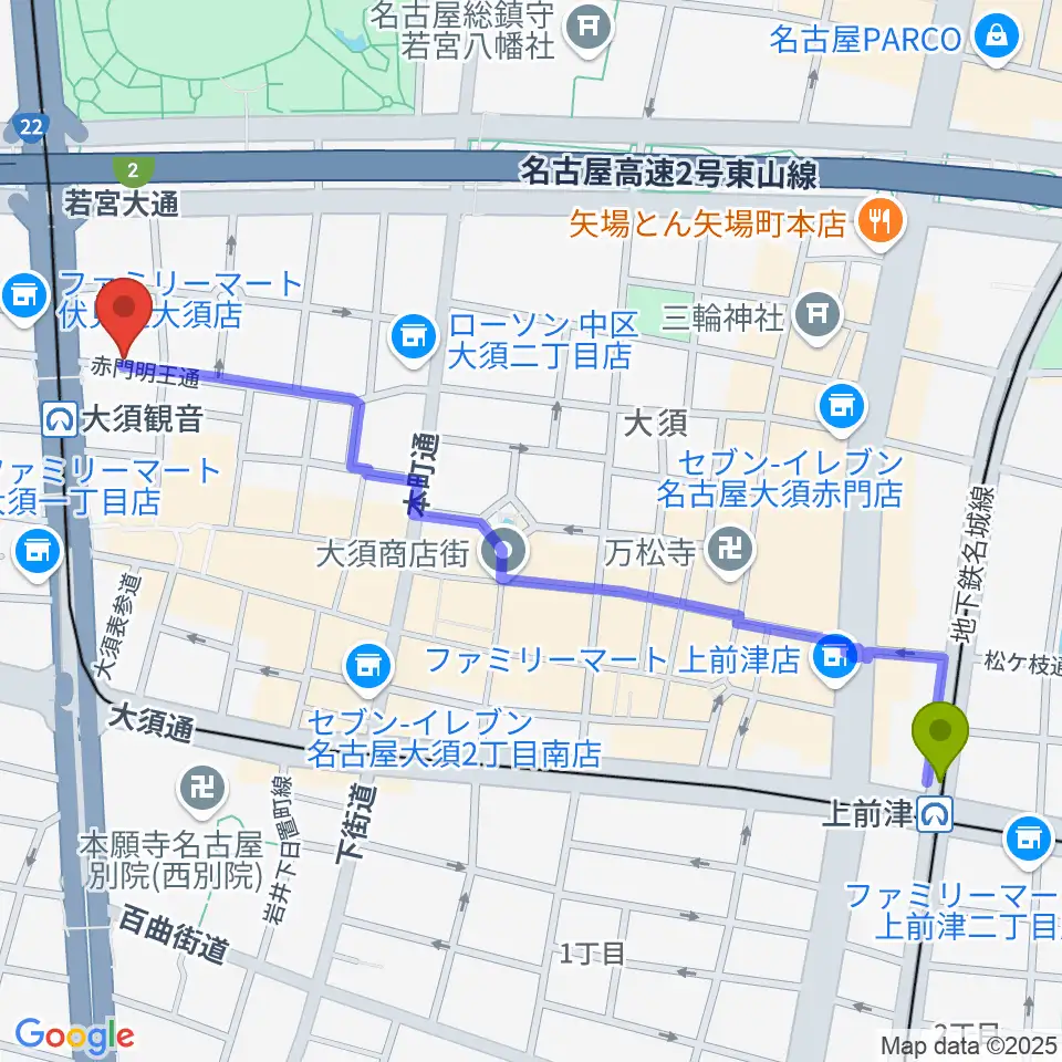 上前津駅からギター＆ベーステックGRACIASへのルートマップ地図