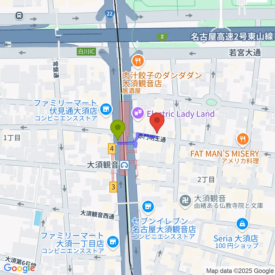 ギター＆ベーステックGRACIASの最寄駅大須観音駅からの徒歩ルート（約1分）地図