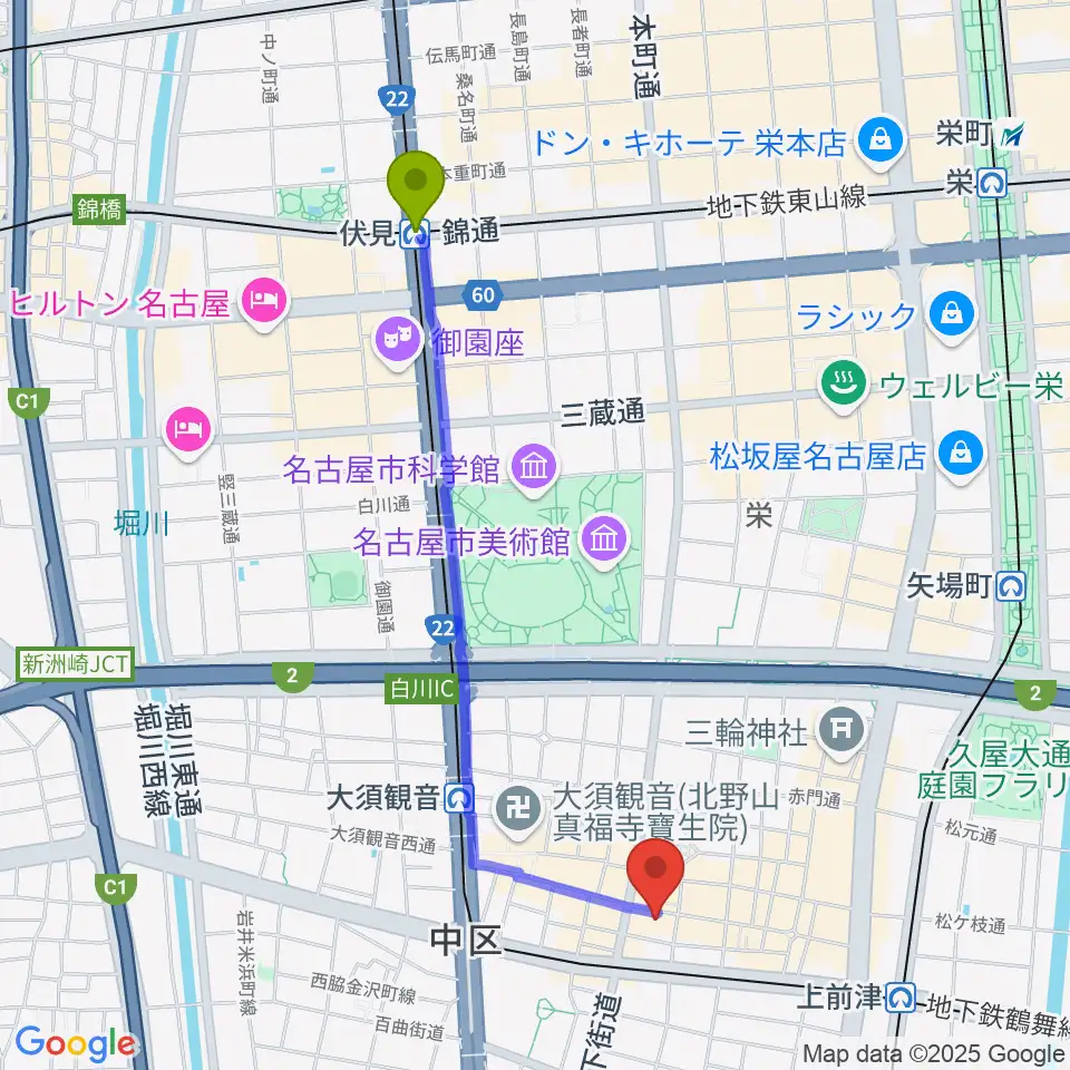 伏見駅からリアルスタンダードへのルートマップ地図