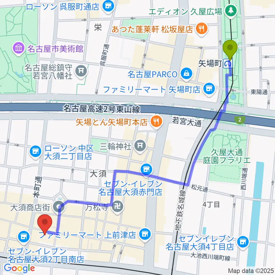 矢場町駅からリアルスタンダードへのルートマップ地図