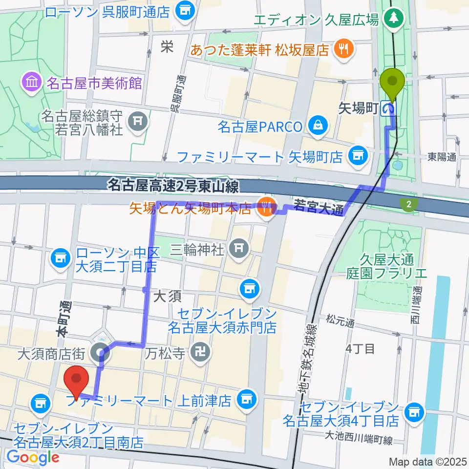 矢場町駅からリアルスタンダードへのルートマップ地図