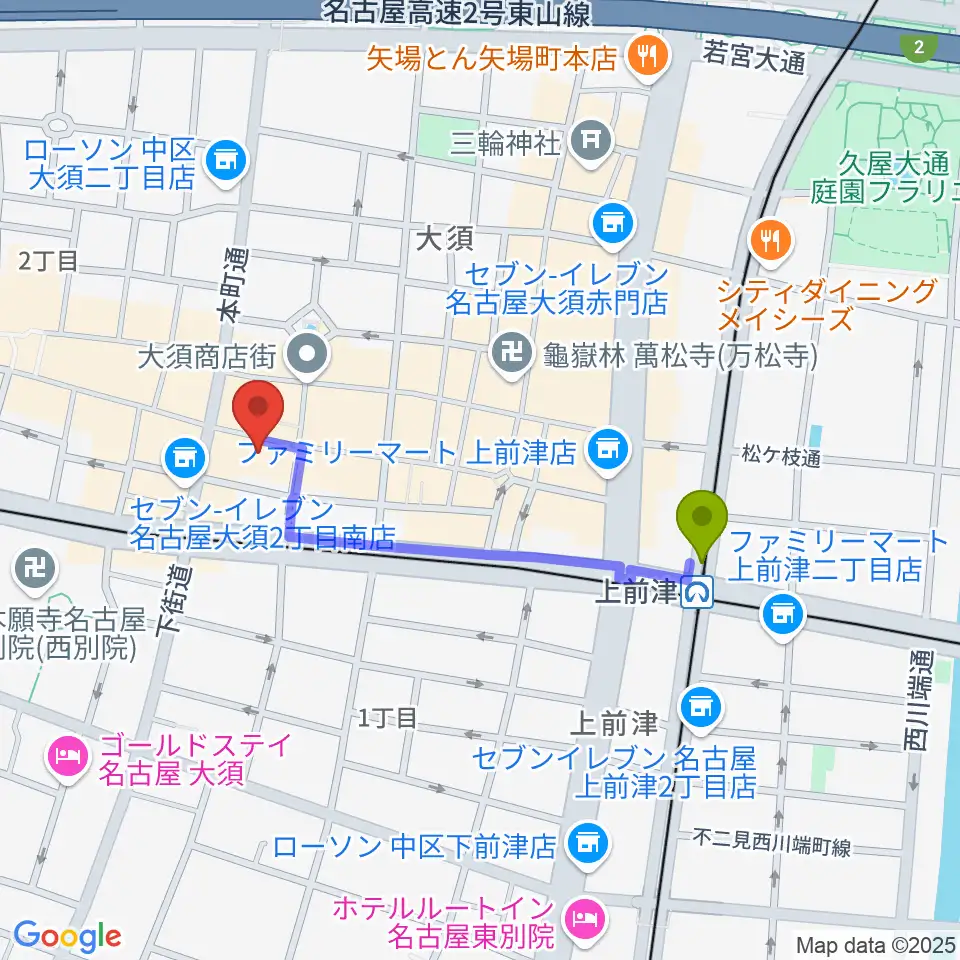 上前津駅からリアルスタンダードへのルートマップ地図