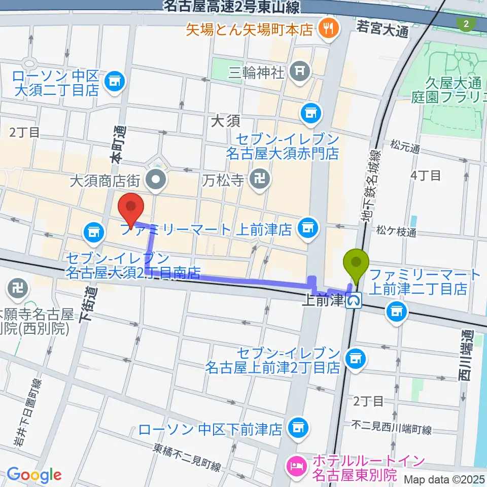 上前津駅からリアルスタンダードへのルートマップ地図