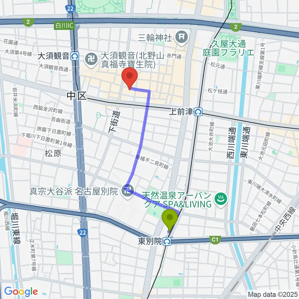 東別院駅からリアルスタンダードへのルートマップ地図