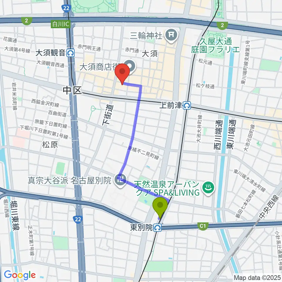 東別院駅からリアルスタンダードへのルートマップ地図