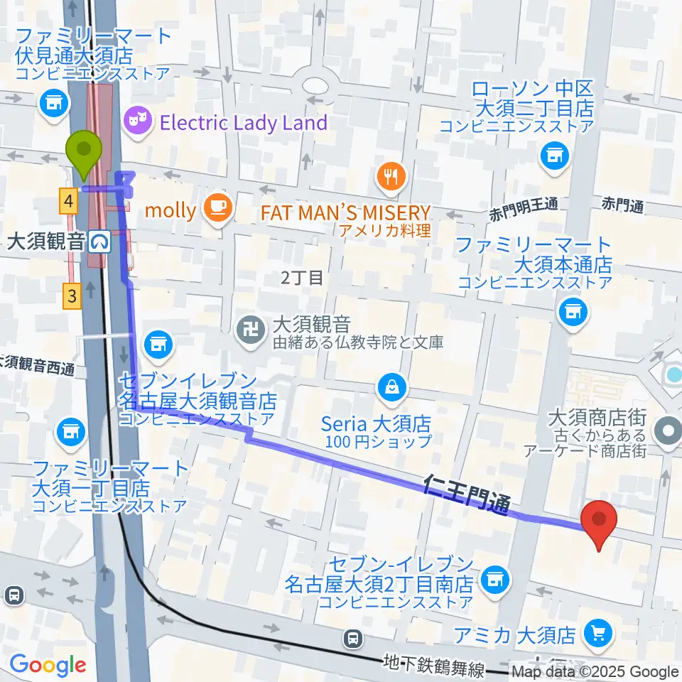 リアルスタンダードの最寄駅大須観音駅からの徒歩ルート（約7分）地図