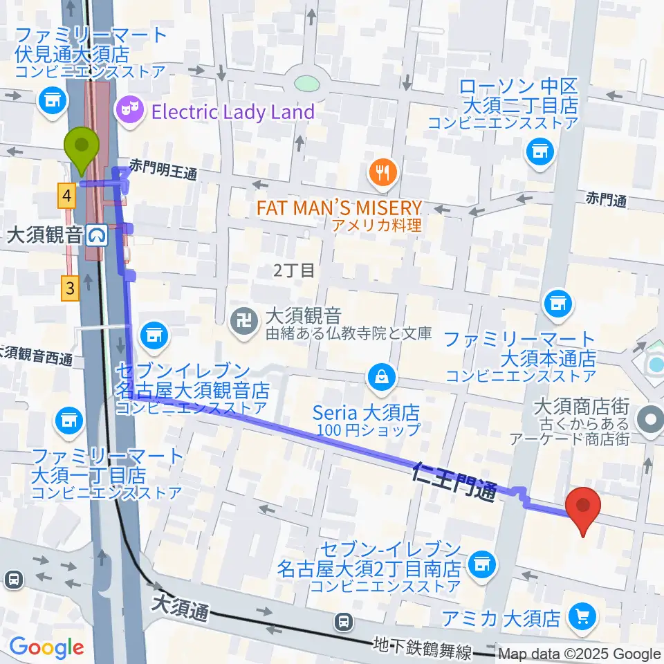 リアルスタンダードの最寄駅大須観音駅からの徒歩ルート（約7分）地図