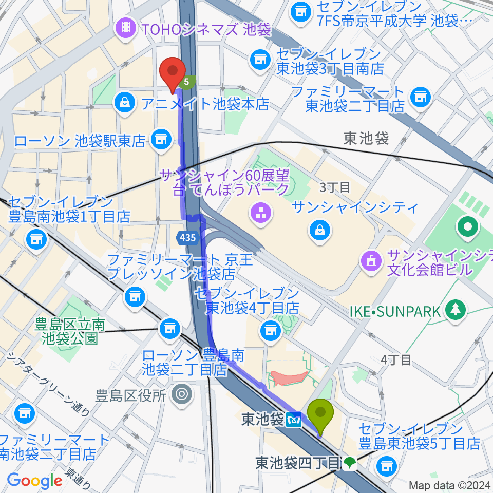 東池袋駅からフジゲンカスタムハウス池袋へのルートマップ地図