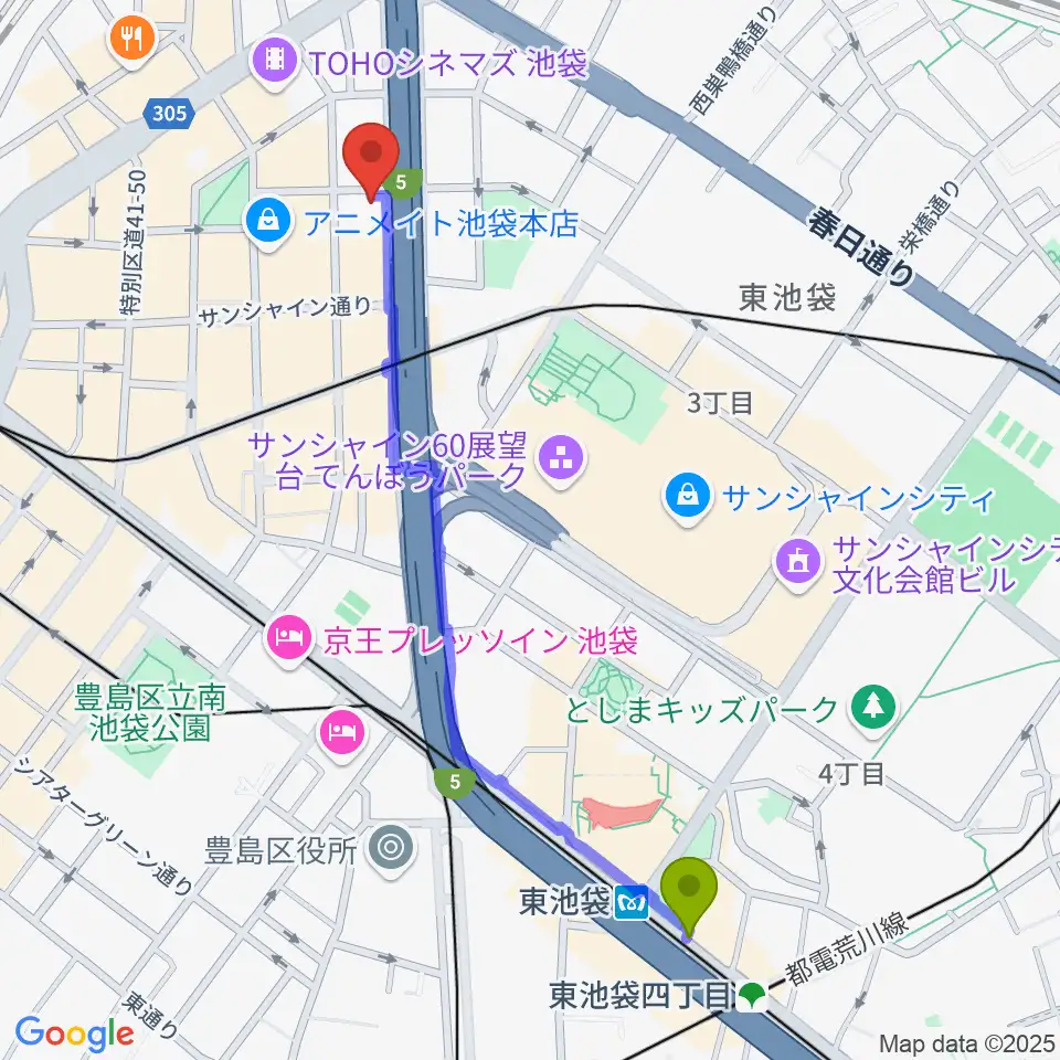 東池袋駅からフジゲンカスタムハウス池袋へのルートマップ地図