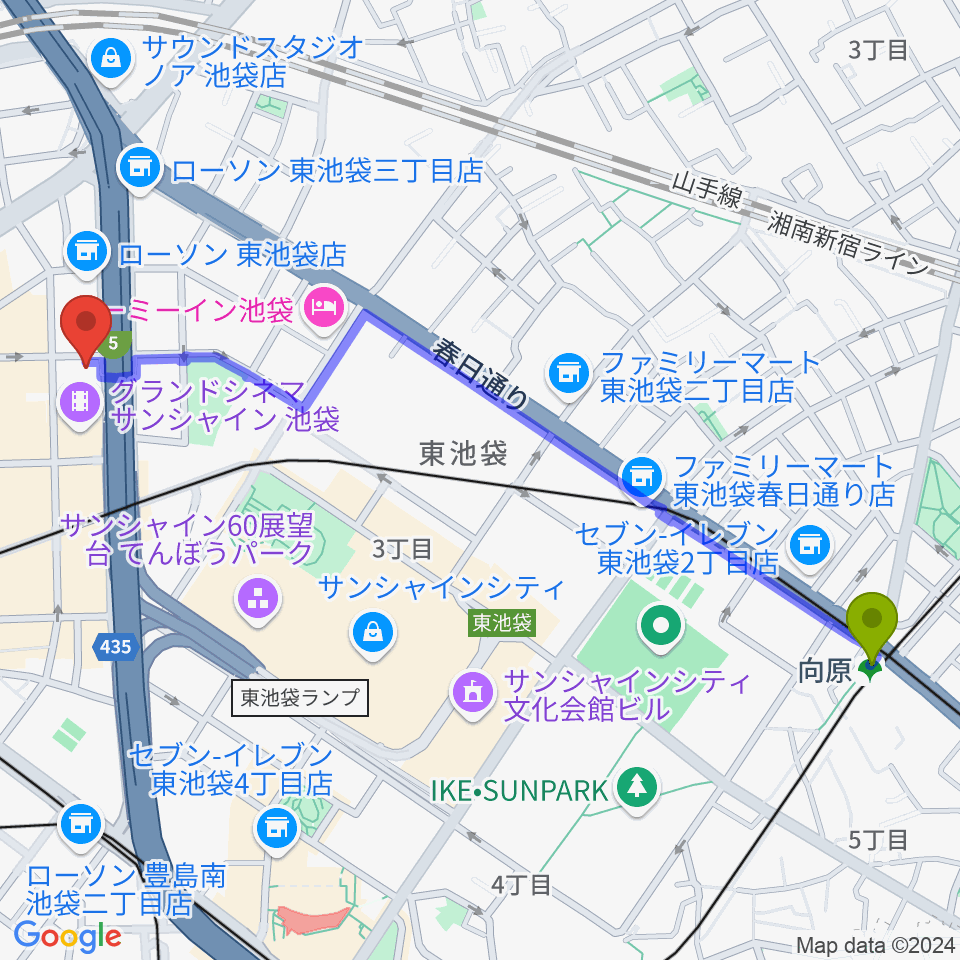 向原駅からフジゲンカスタムハウス池袋へのルートマップ地図