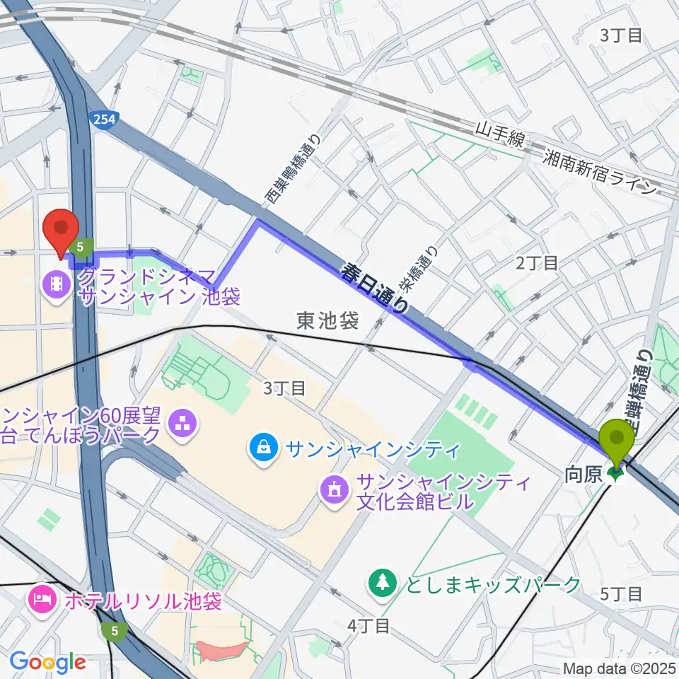 向原駅からフジゲンカスタムハウス池袋へのルートマップ地図