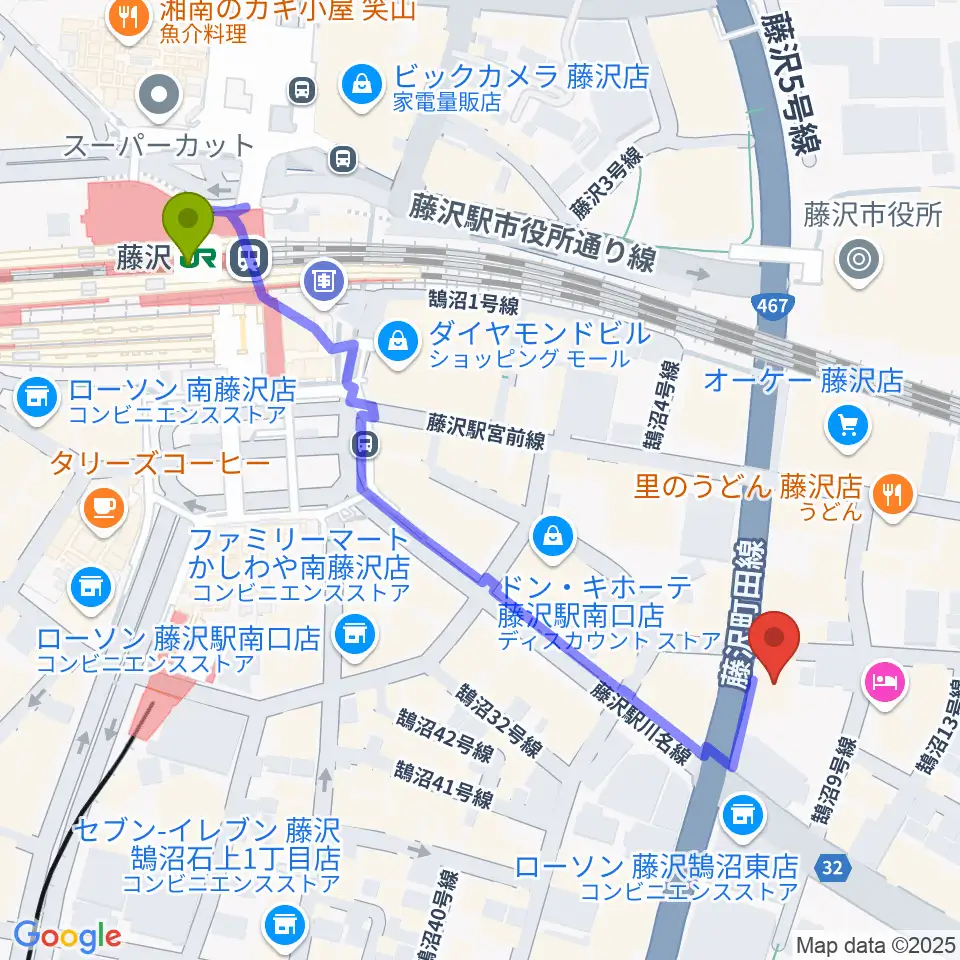 ミュージックアベニュー藤沢 ヤマハミュージックの最寄駅藤沢駅からの徒歩ルート（約6分）地図