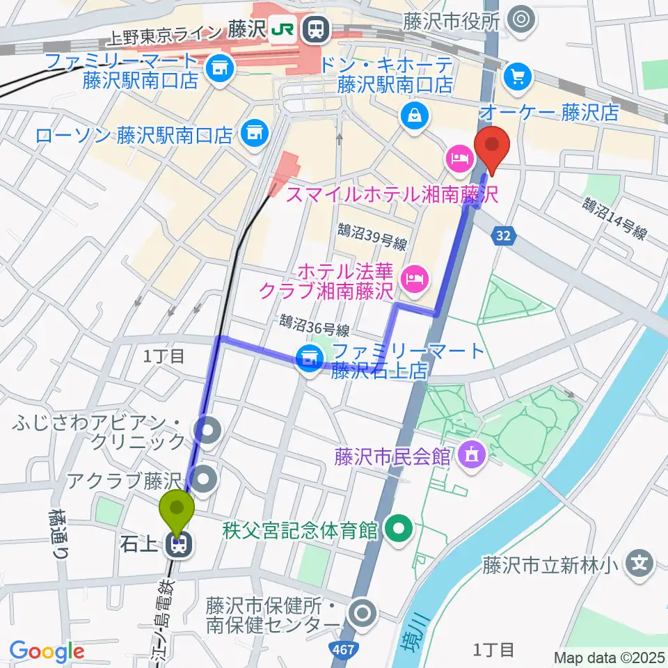 石上駅からミュージックアベニュー藤沢 ヤマハミュージックへのルートマップ地図