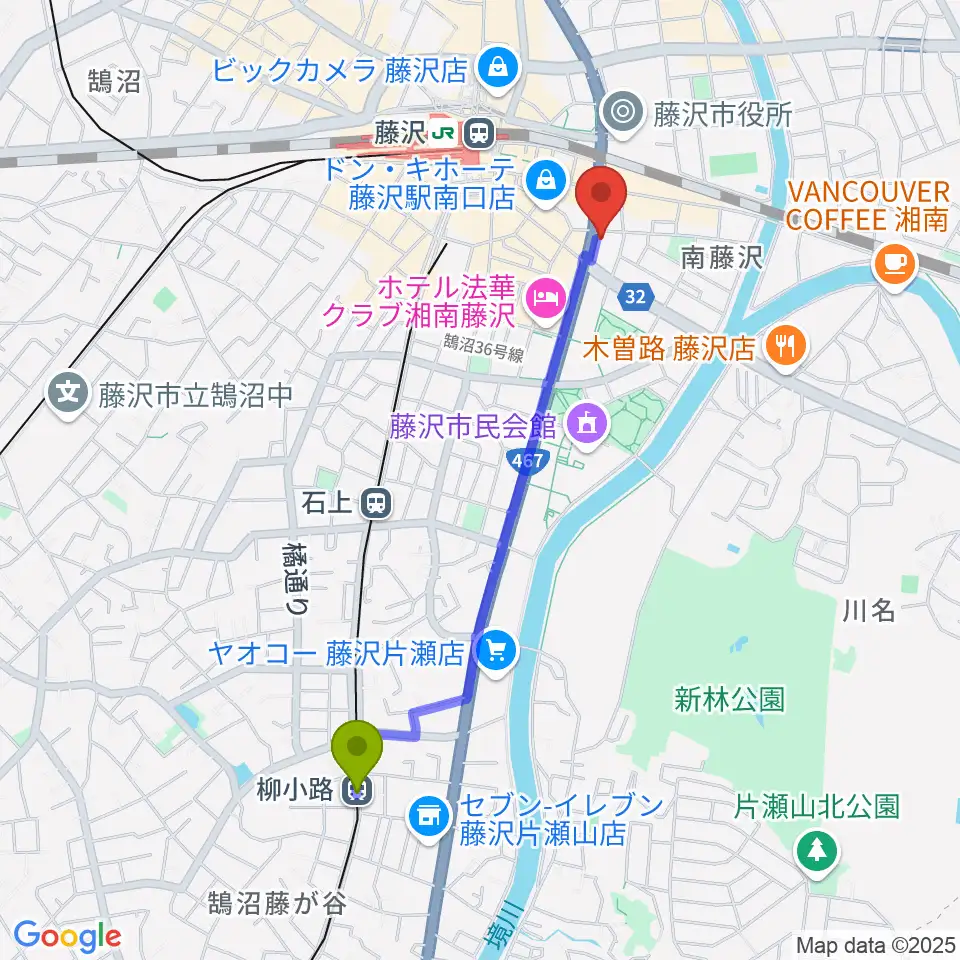 柳小路駅からミュージックアベニュー藤沢 ヤマハミュージックへのルートマップ地図