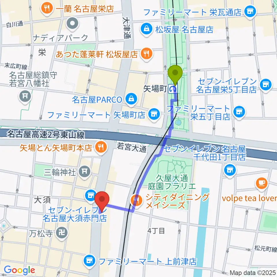 矢場町駅からBIGBOSS名古屋へのルートマップ地図