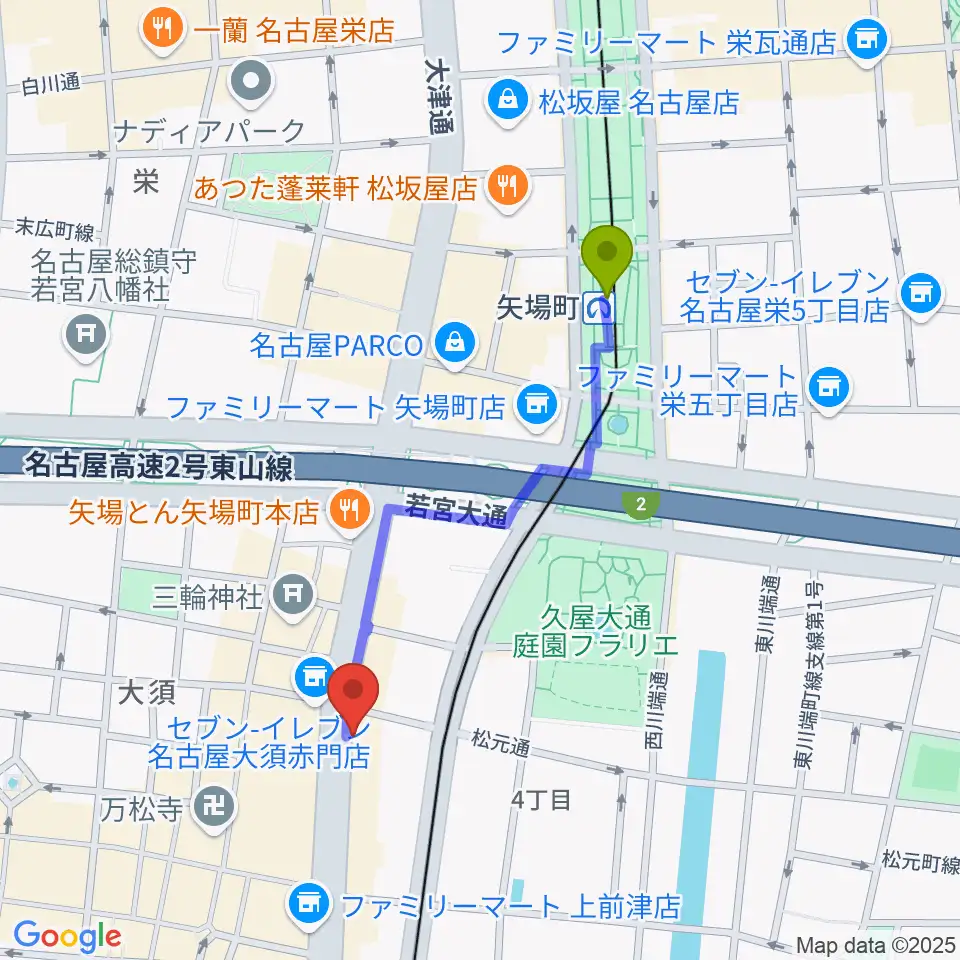 矢場町駅からBIGBOSS名古屋へのルートマップ地図