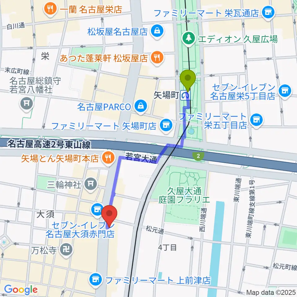 矢場町駅からBIGBOSS名古屋へのルートマップ地図