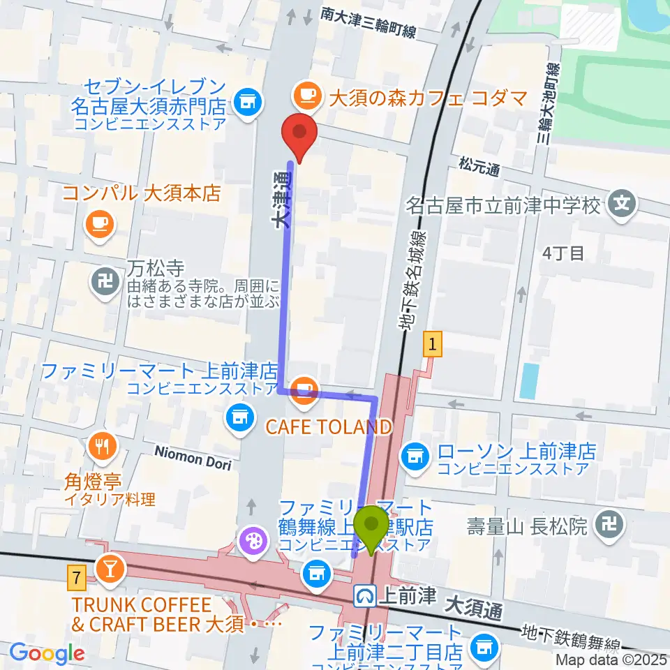 BIGBOSS名古屋の最寄駅上前津駅からの徒歩ルート（約5分）地図