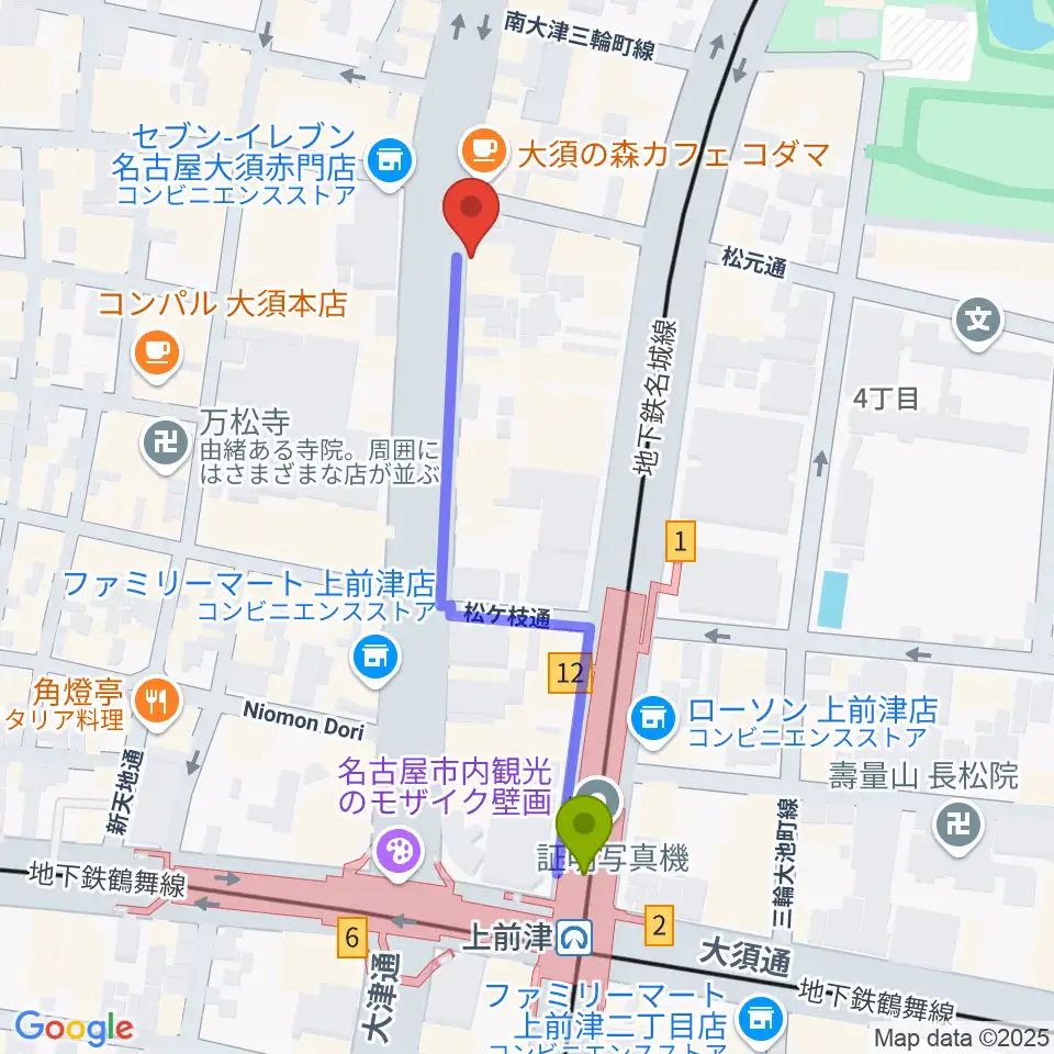 BIGBOSS名古屋の最寄駅上前津駅からの徒歩ルート（約5分）地図