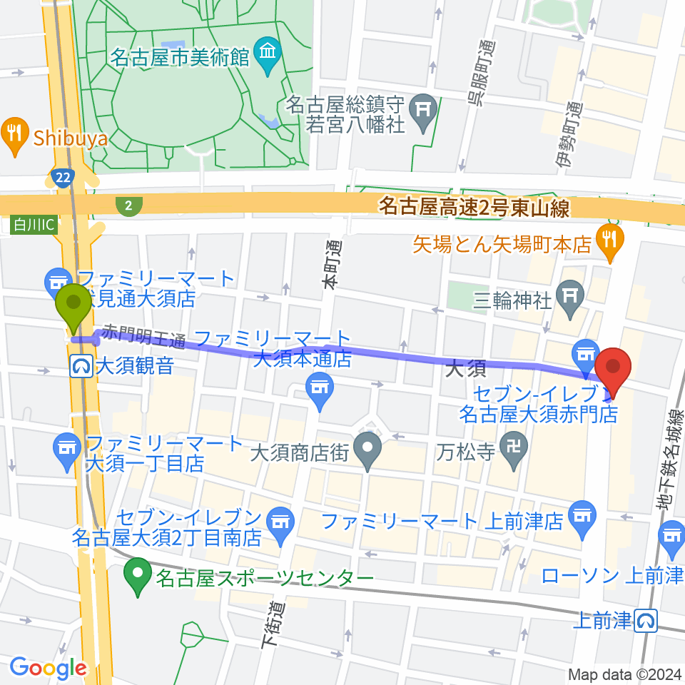 大須観音駅からBIGBOSS名古屋へのルートマップ地図