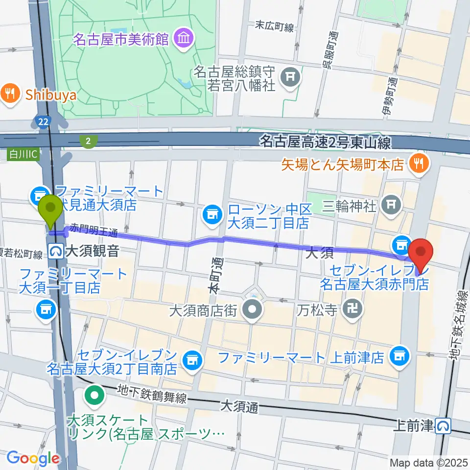 大須観音駅からBIGBOSS名古屋へのルートマップ地図