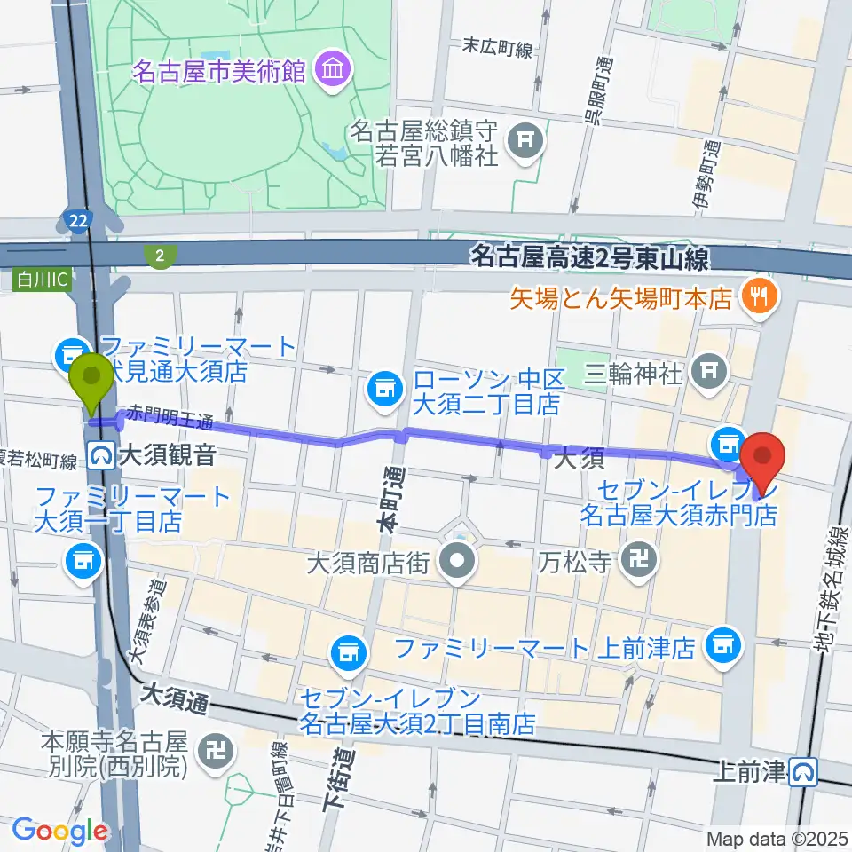 大須観音駅からBIGBOSS名古屋へのルートマップ地図