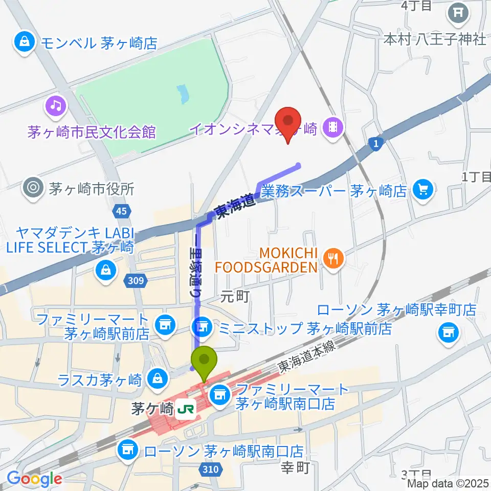 イオン茅ヶ崎センターヤマハミュージックの最寄駅茅ケ崎駅からの徒歩ルート（約8分）地図