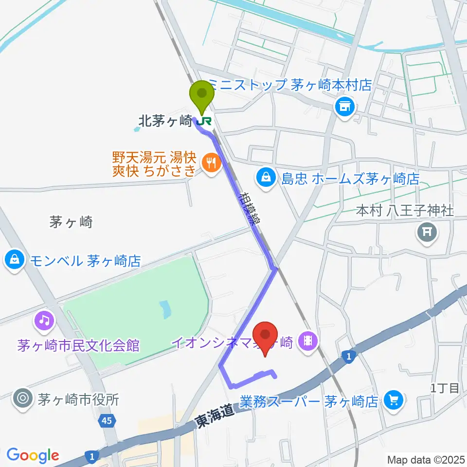 北茅ケ崎駅からイオン茅ヶ崎センターヤマハミュージックへのルートマップ地図