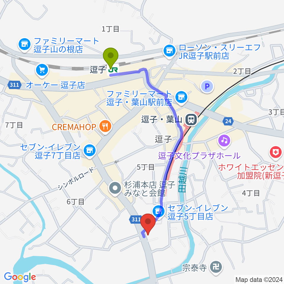 逗子駅から逗子教室 ヤマハミュージックへのルートマップ地図