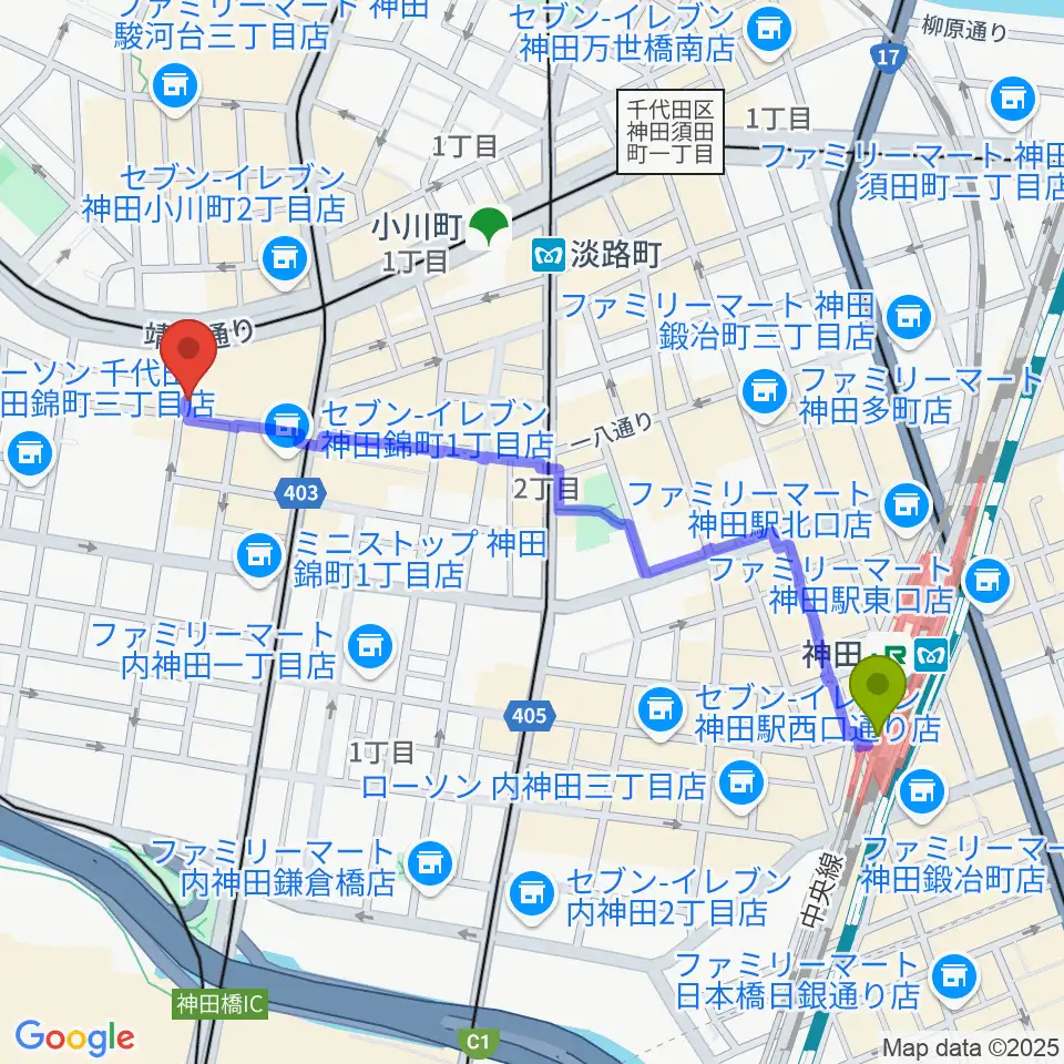 神田駅からESPテクニカルハウスへのルートマップ地図