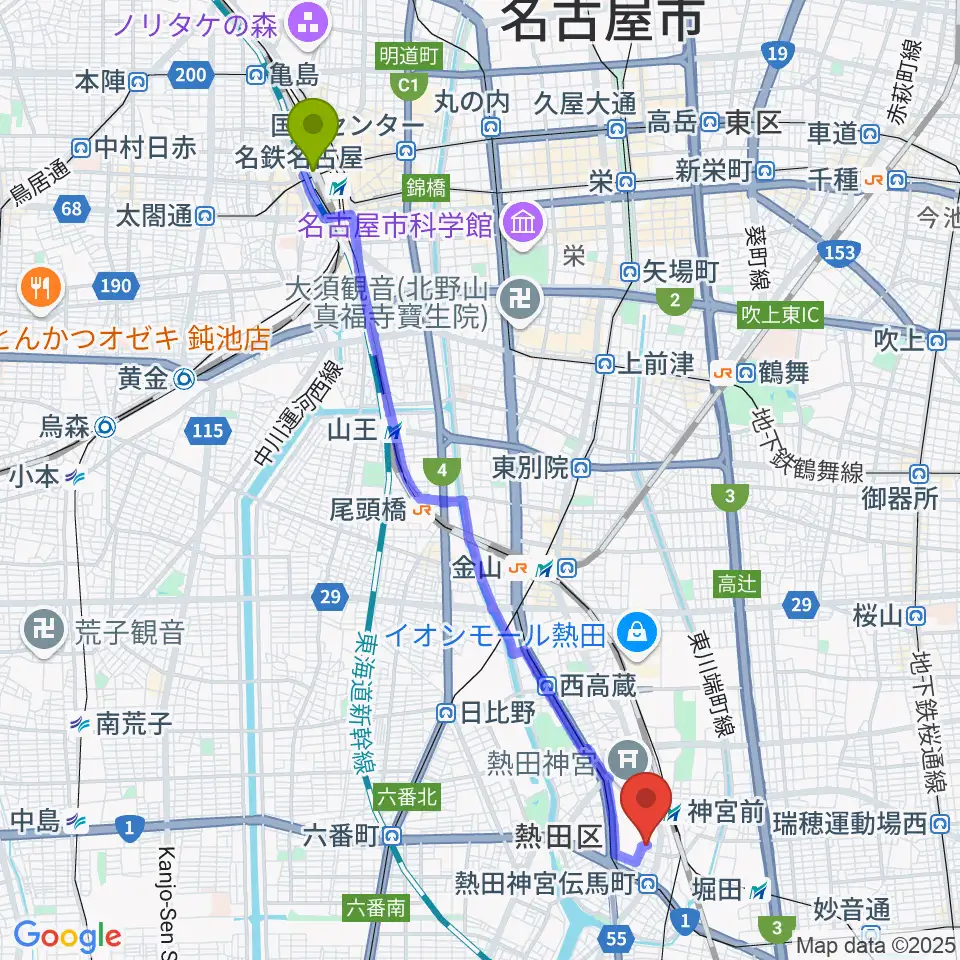 名古屋駅からバルドン・フィルステージへのルートマップ地図