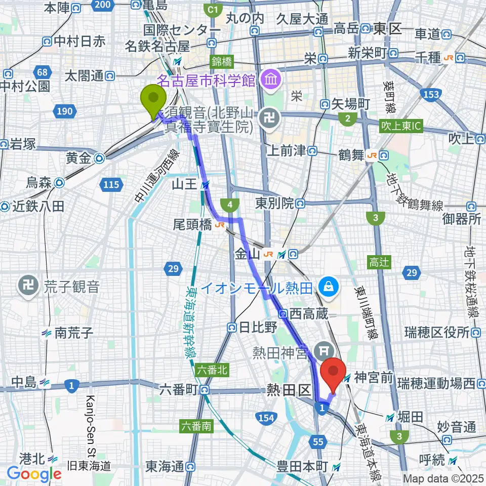 米野駅からバルドン・フィルステージへのルートマップ地図