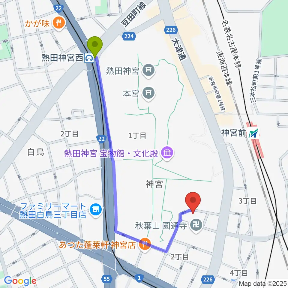 神宮西駅からバルドン・フィルステージへのルートマップ地図