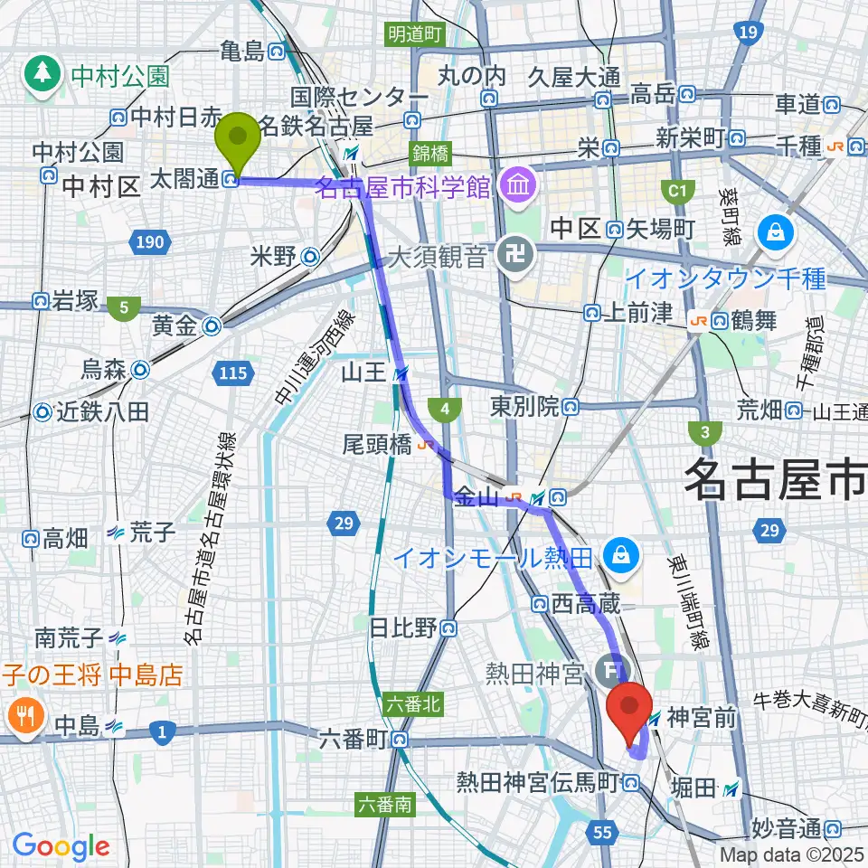中村区役所駅からバルドン・フィルステージへのルートマップ地図