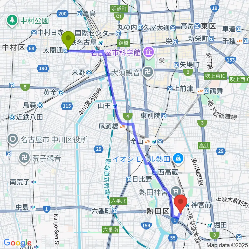 中村区役所駅からバルドン・フィルステージへのルートマップ地図