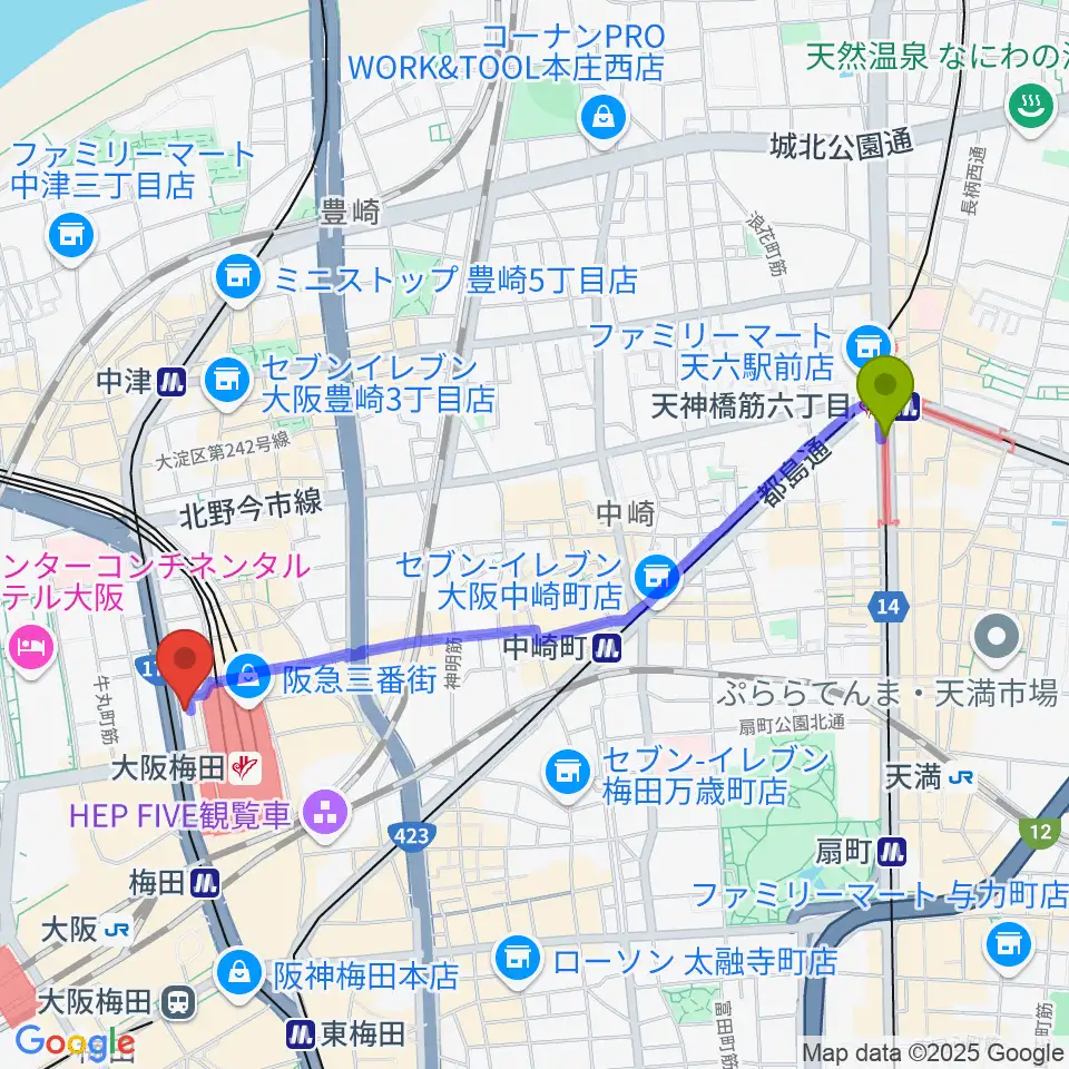 天神橋筋六丁目駅からESPカスタムショップへのルートマップ地図