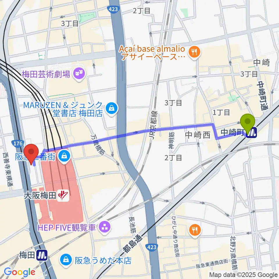 中崎町駅からESPカスタムショップへのルートマップ地図