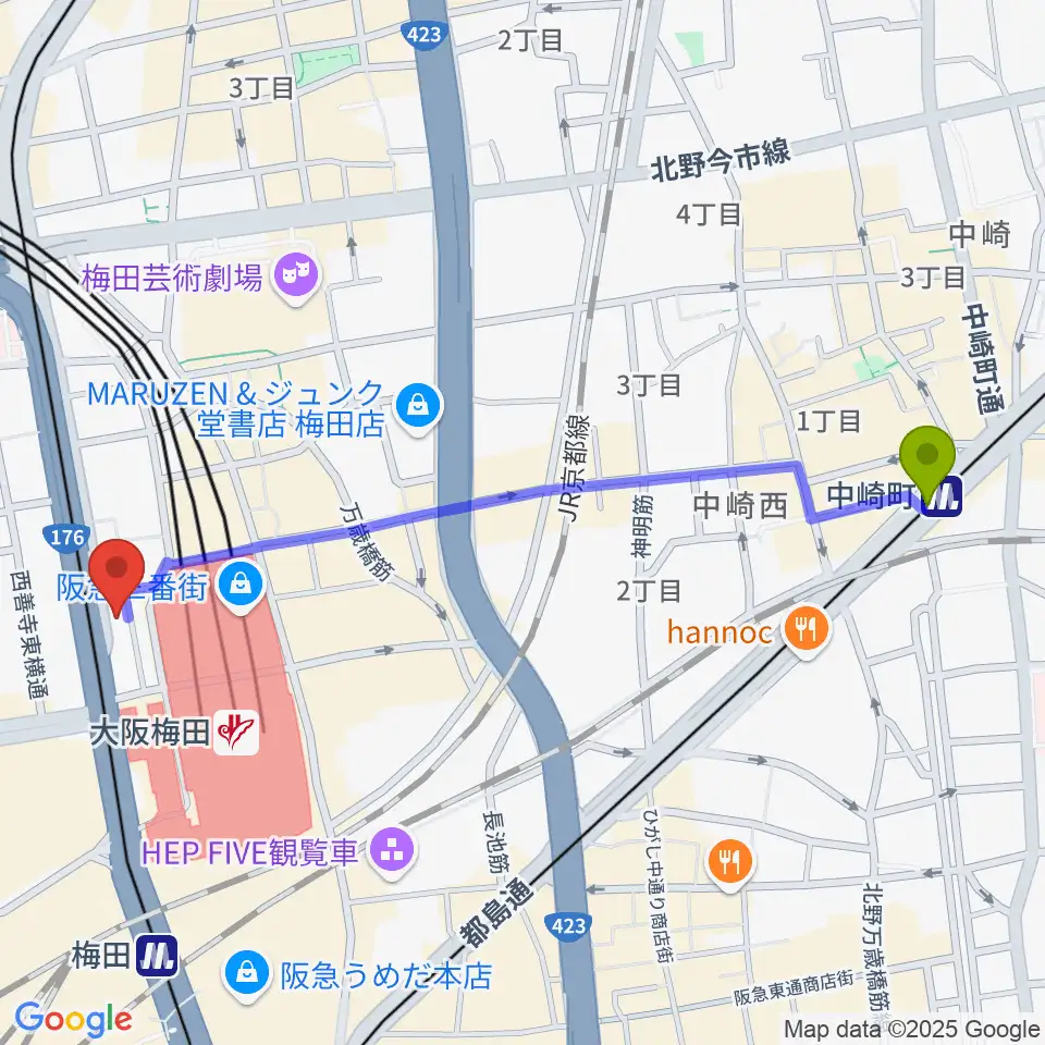 中崎町駅からESPカスタムショップへのルートマップ地図