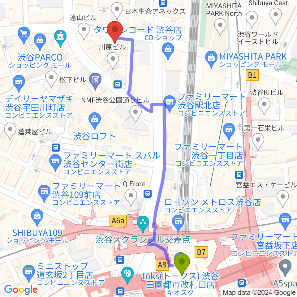 ESP渋谷クラフトハウスの最寄駅渋谷駅からの徒歩ルート（約6分）地図